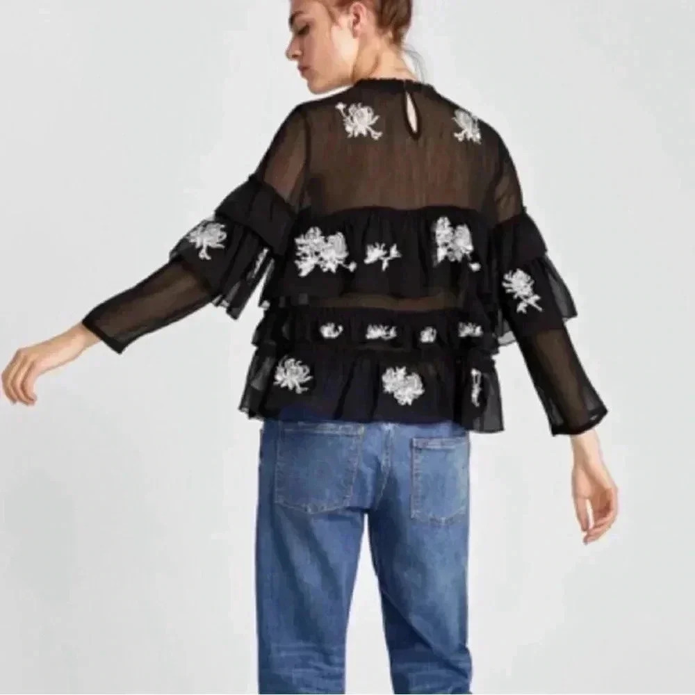 Zara RARE Embroidered Floral Black Tiered Blouse Too Size XS NWT - Picture 12 of 14